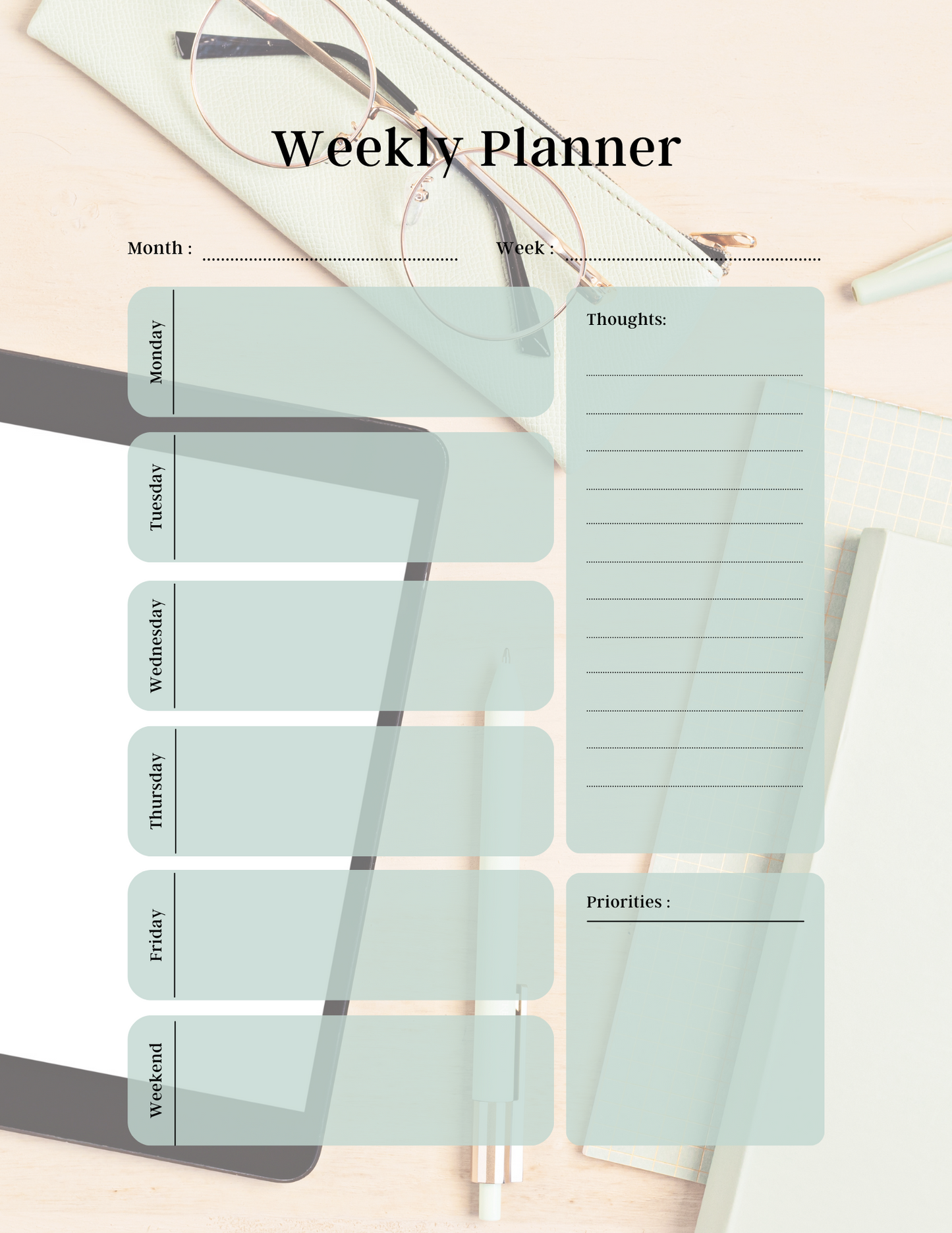 Monthly/Weekly Planner Printable (green theme)