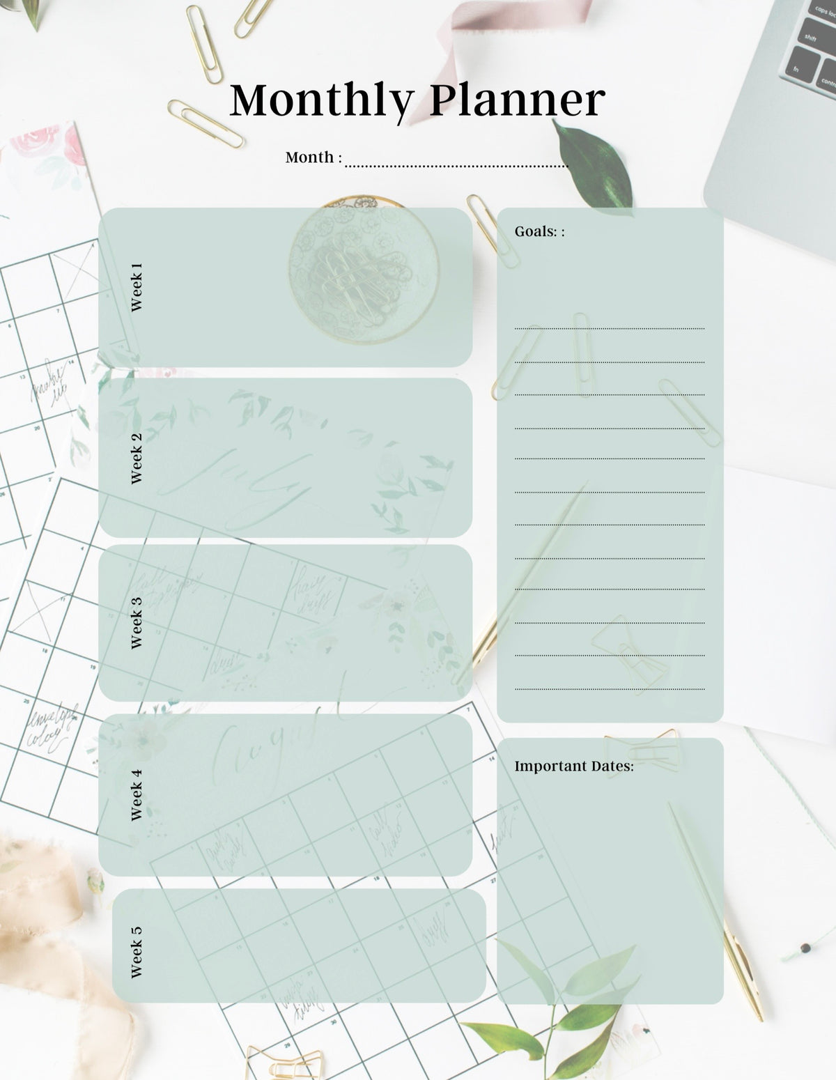 Monthly/Weekly Planner Printable (green theme)